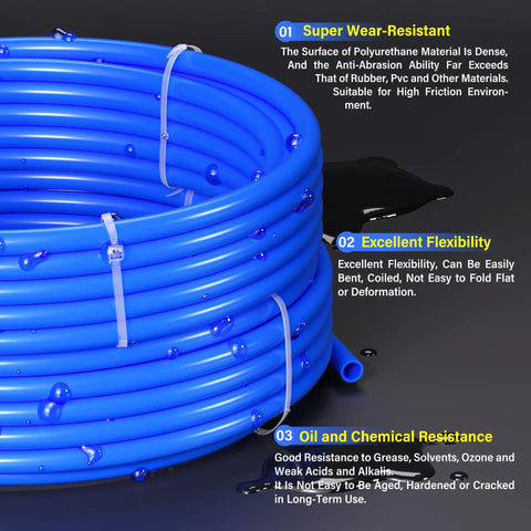 Coiled Blue One Quarter Inch PU Air Hose 10 Meter Length Built Tough Oil Resistant, surrounded by oil droplets, highlighting flexibility