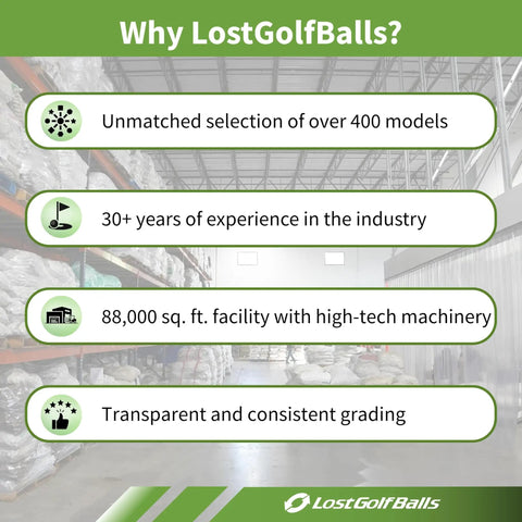 LostGolfBalls infographic with facility benefits: large selection, industry experience, spacious facility, transparent grading.