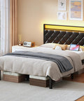 Modern Full Size Bed Frame With App Controlled LED Lights And Built In Dual USB Ports, Padded PU Leather Headboard in cozy bedroom.