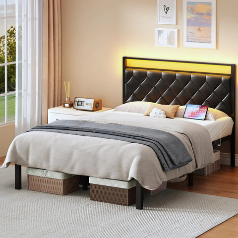 Modern Full Size Bed Frame With App Controlled LED Lights And Built In Dual USB Ports, Padded PU Leather Headboard in cozy bedroom.