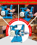 Heavy Duty Electric Belt Sander And Bench Sander With Sanding Belts For Serious Wood And Metal Jobs Kicks Ass With 1100W Grinding And Polishing Machine Using Brushless Motor For Sweet Smoothing, multi-functional sand belt machine shown in workshop settings.