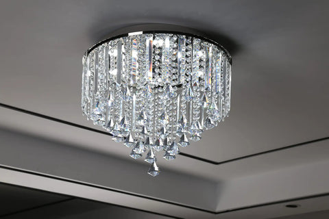 20 Inch Modern Crystal Ceiling Lamp Diamond Crystal Chandelier With Chrome Stainless Steel Finish mounted in a room.