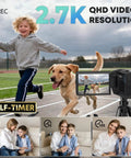 Legit Pro Qhd Camcorder Featuring 2.7K Video And 50 MP Photos 16X Digital Zoom Built In Led Fill Light For Youtubers Shooting Sick Family Moments And Sports Clips Dope Camera Totally Crushes Low Light Vibes capturing a boy running with a dog, showcasing QHD video quality on screen.