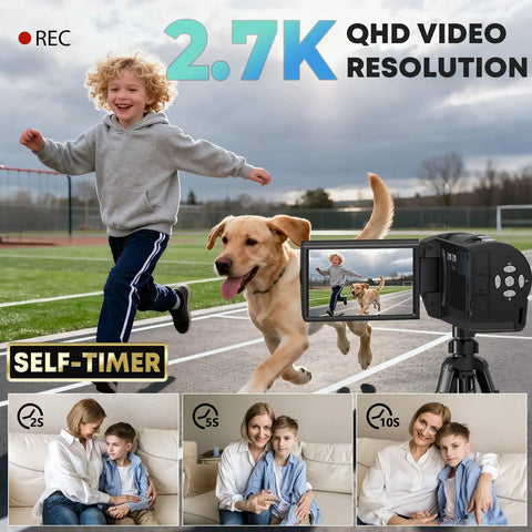 Legit Pro Qhd Camcorder Featuring 2.7K Video And 50 MP Photos 16X Digital Zoom Built In Led Fill Light For Youtubers Shooting Sick Family Moments And Sports Clips Dope Camera Totally Crushes Low Light Vibes capturing a boy running with a dog, showcasing QHD video quality on screen.
