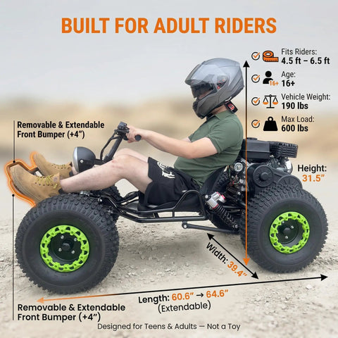 Adult riding 212cc Gas Powered Off Road Beast Go Kart with LED headlight and 19x7-8 tires on rugged terrain