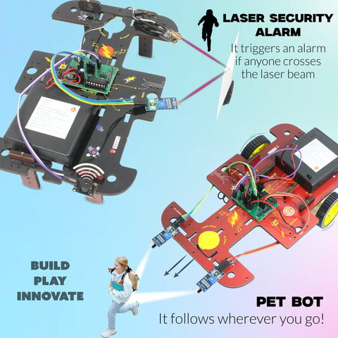 40in1 STEM Robotics Kit For Kids 8 To 12 With 100 Plus Parts And 40 Awesome Projects Build A Door Bell A Fan Controller A Line Following Car A Drawing Robot A Water Dispenser And More For Homeschooling Gift laser alarm and pet bot project boards