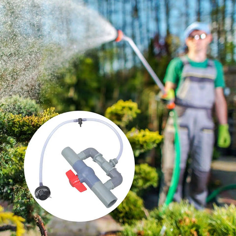Gardener using Pro Grade Fertilization Systems For Farm-Ready Drip Irrigation And Orchard Care with tube connectors, watering plants.