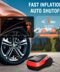 Your Go To Portable Tire Inflator Air Compressor with Dual Power DC 12V Car Plug and 110V Home Outlet next to car tire