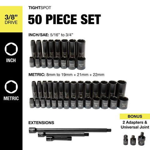 Ultimate 50-Piece Do It All Three-Eighths Inch Drive Impact Socket Pro Set With SAE And Metric Sizes From Five-Sixteenths To Three-Quarters Inch Including Standard And Deep Sockets Extensions Adapters And More For Heavy Duty Projects