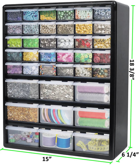 Ultimate Screw Organizer And Hardware Storage Cabinet With 39 Drawers Wall Mount Or Cabinet Drawer Organizer filled with supplies