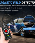 Hand holding Hidden Camera Detector Pro for travel detecting magnetic field near car to find listening devices.