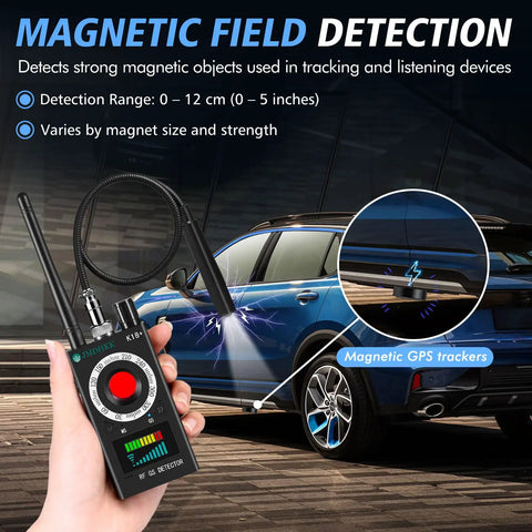 Hand holding Hidden Camera Detector Pro for travel detecting magnetic field near car to find listening devices.