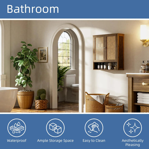 Rattan And Bamboo Bathroom Wall Cabinet With Doors And Shelves For Over Toilet Space Saving Hanging Storage Organizer In Walnut