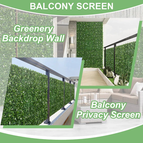 Six Pack 20 Inch By 20 Inch Artificial Grass Wall Panels Greenery Backdrop Set Boxwood Leaves on Balcony Screen