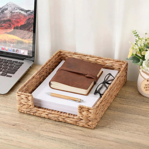 Water Hyacinth Letter Tray Desk Organizer with rustic wicker mail sorter, sturdy metal frame, on desk with glasses and notebook.