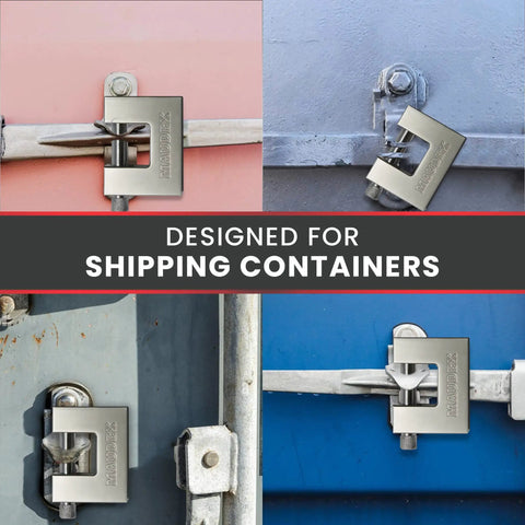MDP 70 Heavy Duty Padlock With 0.59 Inch Shackle Clearance used on shipping containers in various lock positions.