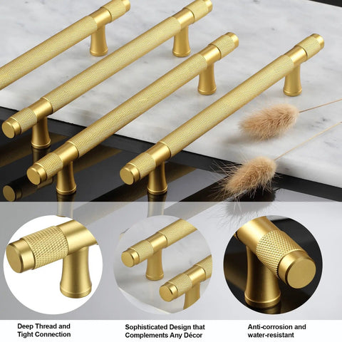 Ten Pack Gold Knurled Cabinet Pulls With 5 Inch Hole Centers 7 Inch Overall Length Brushed Brass Handles On Marble Surface