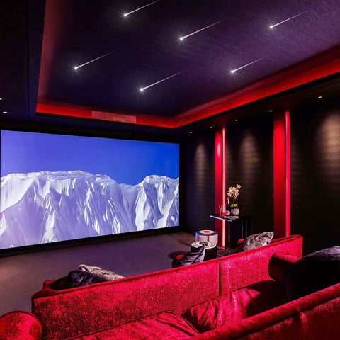 Home theater with Shine Like A Shooting Star Dope 96 Fiber Optic Strands Kit 9.8Ft Long 0.03In Diameter 12 End Glow LEDs on ceiling