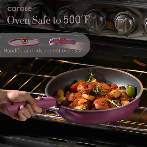 21 Piece Nonstick Pots And Pans Set With Detachable Handle Induction Friendly Cookware For RV And Home, purple pan in oven