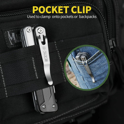 7 In 1 Detachable Multitool With D2 Steel Blade And Large Scissors Beast Mode Ready clipped to backpack and jeans pocket