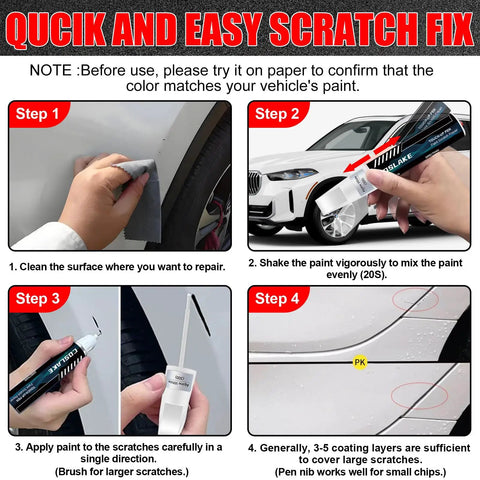 Steps for using BMW Alpine White 300 Dope Touch Up Paint Kit With 2 In 1 Scratch Remover Pen for quick scratch repair on BMW cars.