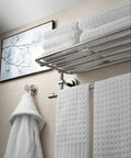 Iso 24 Inch Wide Hotel Style Towel Shelf With Towel Bar In Brushed Nickel For Bathrooms, holding white towels and robe.