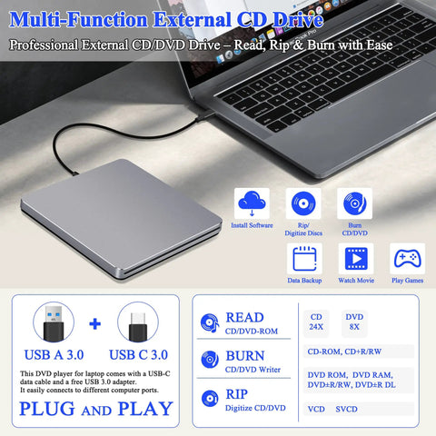 USB C External SuperDrive For Mac Slot In DVD RW Drive Aluminum Space Grey Compatible With Apple MacBooks Desktops Ultra Slim Aluminum Casing With Fingerprint Resistant Finish And Easy Plug And Play USB C Connection. USB-C drive on MacBook with cable