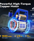 High-torque motor of 110V One Quarter HP 3.5 CFM Single Stage Rotary Vane Vacuum Pump Pro Grade for HVAC applications.