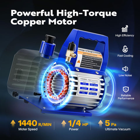 High-torque motor of 110V One Quarter HP 3.5 CFM Single Stage Rotary Vane Vacuum Pump Pro Grade for HVAC applications.