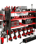 Power Tool Organizer Wall Mount With UL Certified 6 Outlet Charging Station 4 Layer 6 Slot Cordless Drill Holder And Angle Grinder Holder Red Heavy Duty Garage Workshop Storage
