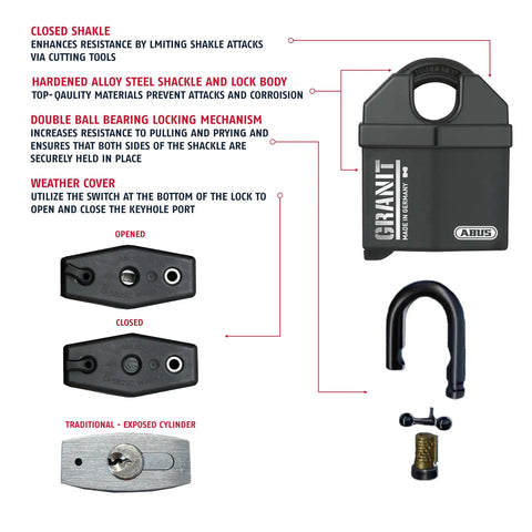Granit Alloy Steel Padlock Keyed Alike 37/60 KA Heavy Duty Security Lock With Disc Cylinder Hardened Shackle features labeled