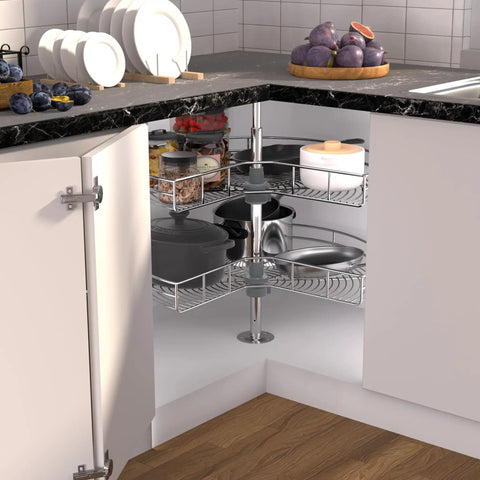 28 Inch Corner Cabinet Lazy Susan Turntable With 270 Degree Rotation, Adjustable Height Chrome Replacement Shelves in kitchen
