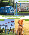 Beefy Heavy Duty Ground Anchors Screw In 18 Inch Kit 6 Pack securing tent, trampoline, swing set, and dog outdoors.
