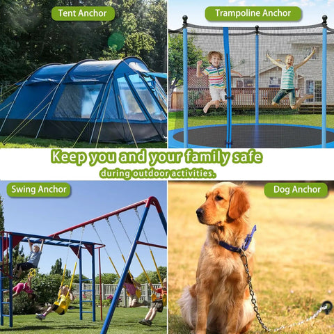 Beefy Heavy Duty Ground Anchors Screw In 18 Inch Kit 6 Pack securing tent, trampoline, swing set, and dog outdoors.