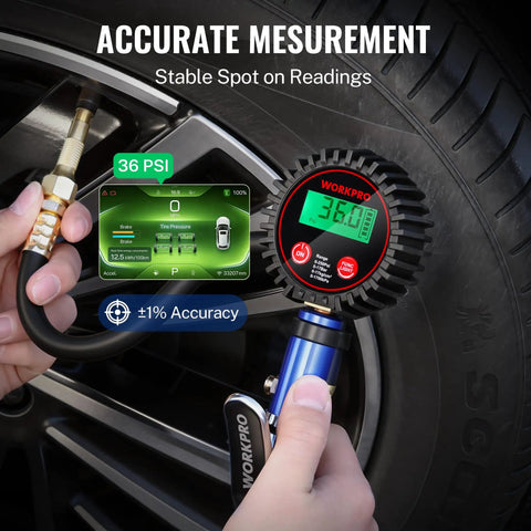 Person using Digital Tire Pressure Gauge With Inflator Kit, 250 PSI, Pro Grade Heavy Duty Accessories on a car tire