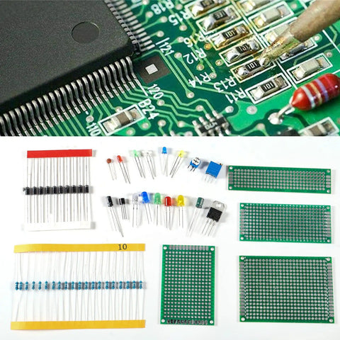 Close-up of circuit board, electronic components assortment kit with 1818 pieces for DIY projects including resistors, capacitors, diodes.