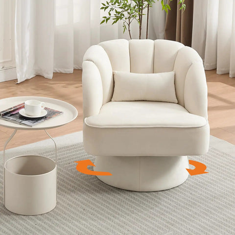 Velvet Swivel Barrel Chair With Plush Padding And Striped Backrest, Modern Round Comfy Lounge Seat For Living Room And Bedroom, Beige, Perfect For Small Spaces, 360 Degree Rotation.