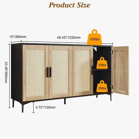 Buffet Cabinet With Storage And Rattan Doors 48 Inch Sideboard With Adjustable Shelves Modern Dope Coffee Bar Console Table Black