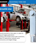 Beefy 5/8-18 Adjustable Yoke End With Galvanized Threaded Clevis in a garage setting, car lifted on a hoist nearby