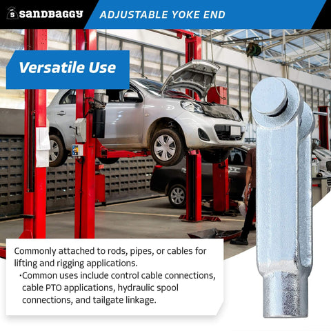 Beefy 5/8-18 Adjustable Yoke End With Galvanized Threaded Clevis in a garage setting, car lifted on a hoist nearby