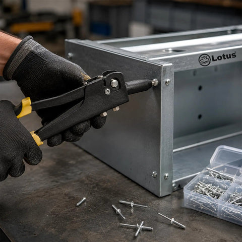 Lotus 100 Piece Assorted Rivet Set Pro Grade Built Tough Aluminum Blind Rivets With Steel Shank Pop Rivets Kit In Handy Storage Case For Hand And Air Riveters Lot S5100 used with rivet tool on metal panel
