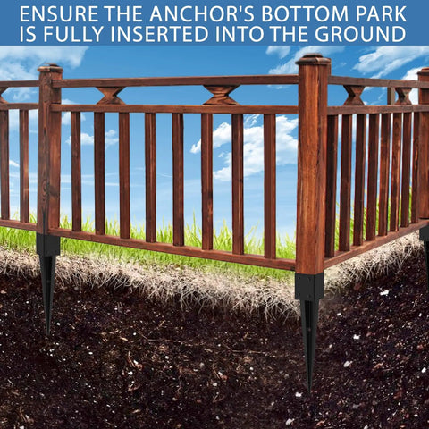 Fence with Heavy Duty Fence Post Anchor Ground Spike 24 Inch Metal Post Base Fits 3.6 by 3.6 Inch securely in ground.