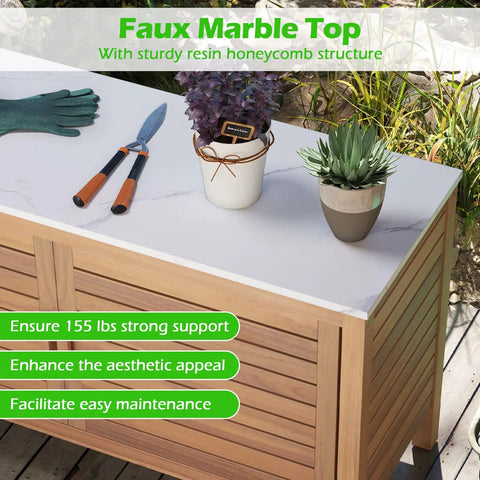 Outdoor Patio Storage Cabinet With Faux Marble Top Two Door Acacia Wood Console Sideboard with plants and gardening tools