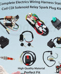 Universal All In One Electric Stator Coil CDI Wiring Harness And Spark Plug Kit for ATVs and Bikes, various parts displayed.