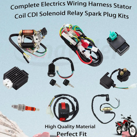 Universal All In One Electric Stator Coil CDI Wiring Harness And Spark Plug Kit for ATVs and Bikes, various parts displayed.