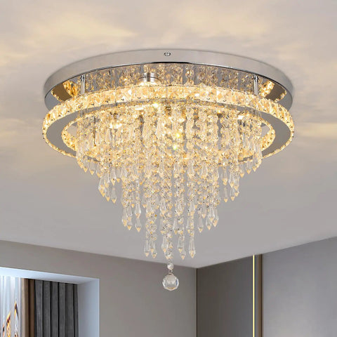 Crystal Chandelier LED Ceiling Light 19.6 Inch Flush Mount for Living Room Bedroom Kitchen Dining Room Modern Sparkle Fixture