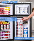 Straight Up Game Changer 3.2 Cubic Foot Mini Fridge With Separate Freezer multi-zone door storage with cans and food organized.