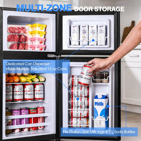 Straight Up Game Changer 3.2 Cubic Foot Mini Fridge With Separate Freezer multi-zone door storage with cans and food organized.