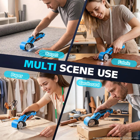 Heavy Duty Cordless Electric Box Cutter With Rechargeable 2000Mah Battery And Two Sharp Blades For Fast Cardboard Cutting in use on various materials.