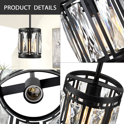 Crystal Mini Semi Flush Mount Ceiling Light With Convertible Pendant Chrome Drum Shade Adjustable Hanging Fixture details